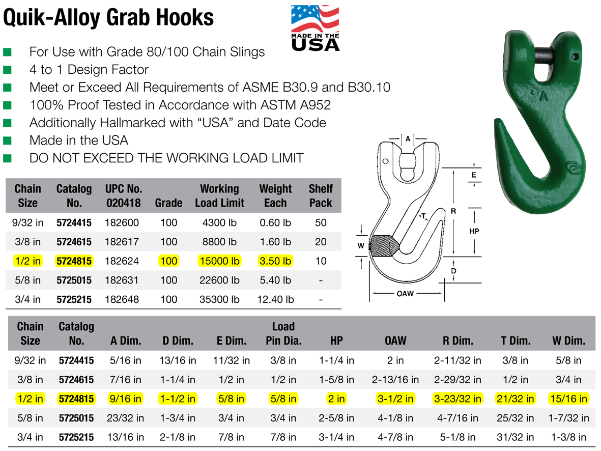 1/2 Inch Campbell Grade 10 Quik Alloy Grab Hook Wesco Industries